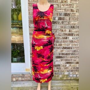 Vintage 90s Hawaiian Tropical Palm Tree Pink Tie Dress
